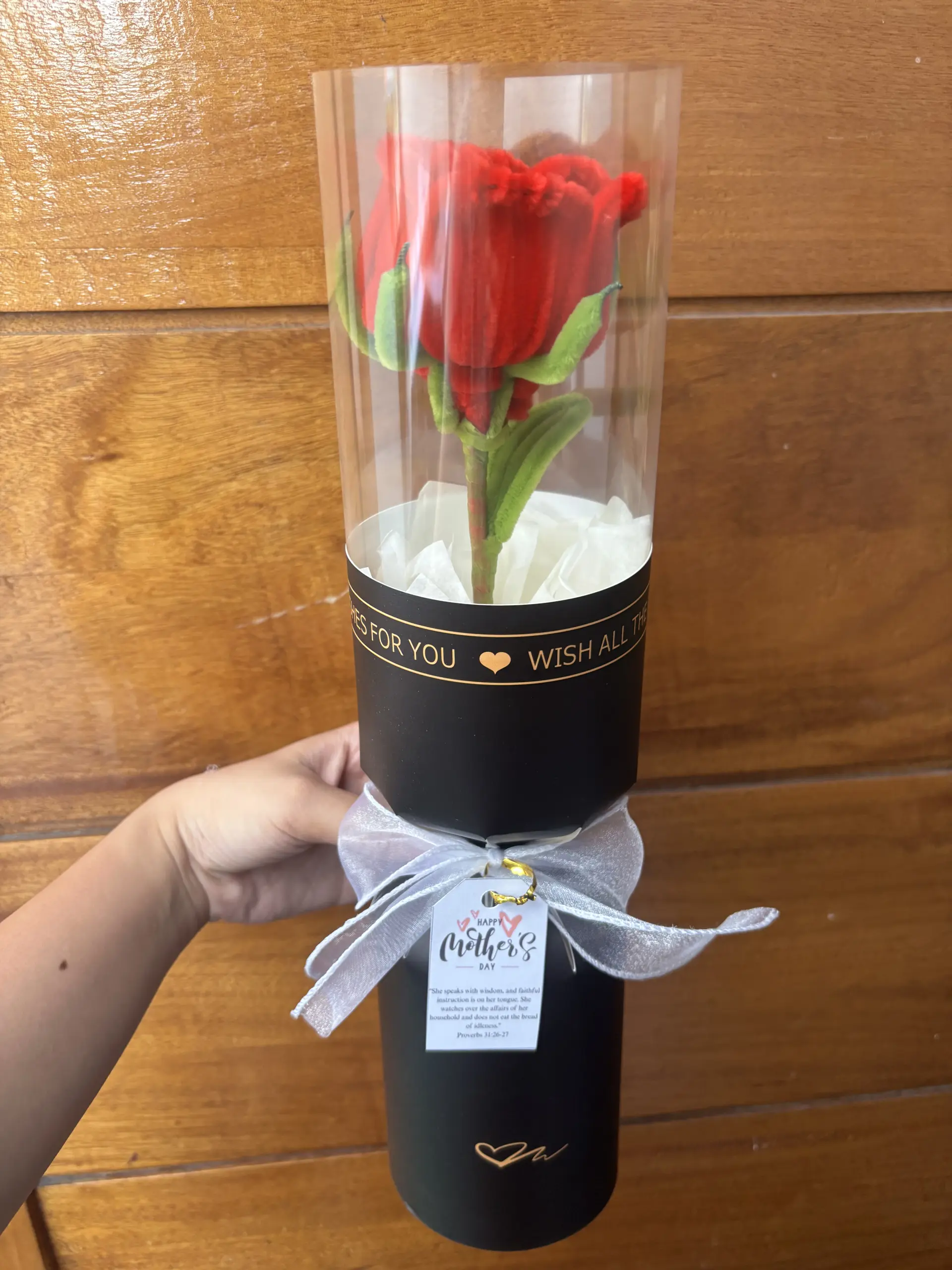 FleurKraft red fuzzy wire rose in black luxury cylinder — a premium money flower bouquet base in Minglanilla, Cebu