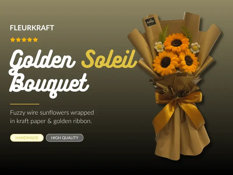FleurKraft Golden Soleil bouquet â€” vibrant yellow fuzzy wire design