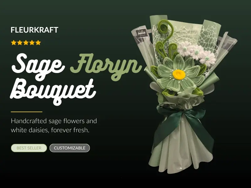 FleurKraft Sage Floryn bouquet â€” soft sage green fuzzy wire arrangement